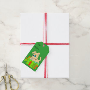 Welpen in einer Geschenkverpackung Weihnachtsgesch Geschenkanhänger