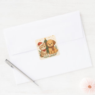 Welpen- & Kätzchen-Weihnachtsfreude Quadratischer Aufkleber
