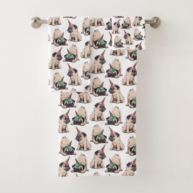 Welpen-Möpse| strebendes Unicorn-Muster Badhandtuch Set (Insitu)