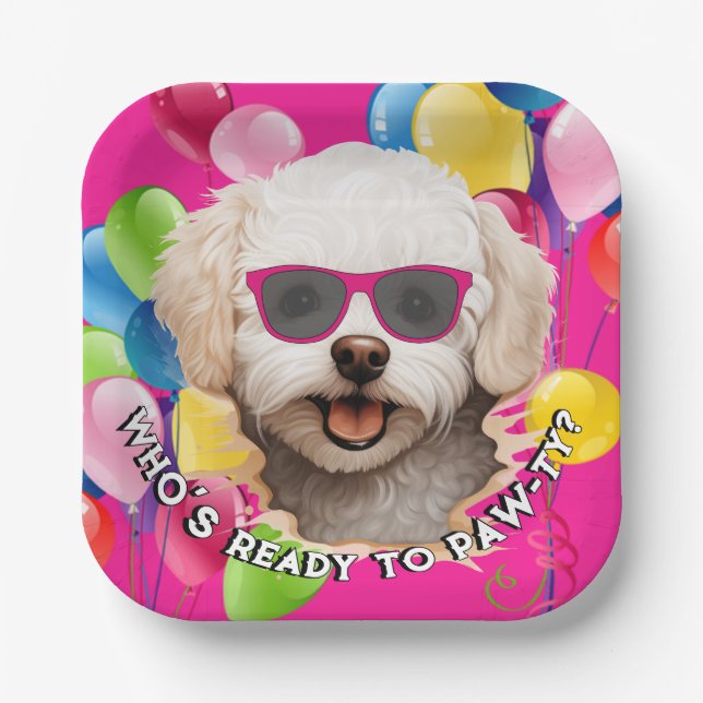 Welpen-Party-Teller | Pinke Ballonparty Pappteller (Vorderseite)