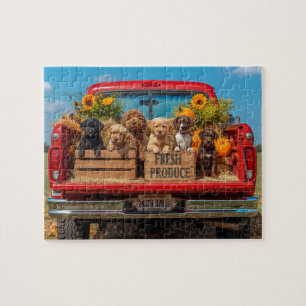 Welpen roter LKW Sonnenblumen Herbsternte Puzzle