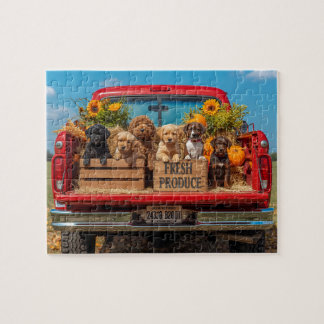 Welpen roter LKW Sonnenblumen Herbsternte Puzzle