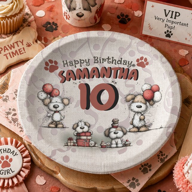 Welpen Rustikaler 10. Geburtstag eines kleinen Mäd Pappteller (Cute puppy dog 10th birthday party paper plates)