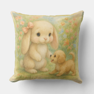 Welpen und Kaninchen mit rosa Bow, Wasserfarbe von Kissen