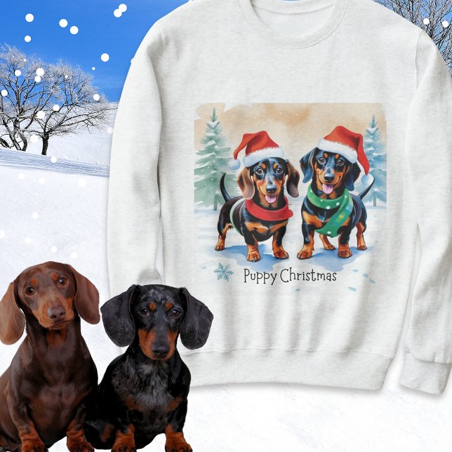 Welpen Weihnachten Dackel Wurst Hund Welpen Sweatshirt (A festive sweatshirt with picture of two cute dachshunds and caption 'Puppy Christmas')