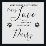 Welpenankündigung - Elegantes, modernes Weiß Neue  Künstlicher Leinwanddruck<br><div class="desc">Wir fügen unserer Familie noch ein wenig welpen Liebe hinzu! Mit diesem eleganten Design mit schwarzem Glitzer-Pfoten drucken Sie die Leinwand der Welpenankündigung. Personalisieren Sie mit Ihrem neuen Haustier Namen, und nehmen Sie ein Foto mit Familie, Freunden und natürlich Social Media teilen. Ihr neuer Freund wird bald ein Stern sein!...</div>