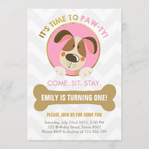 Welpenhund Einladung pink und Gold Paw ty