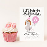 Welpenhund Pink Geburtstagsparty Einladung<br><div class="desc">Niedliche Welpe-Illustration Geburtstagsfeier zum Geburtstag Ihres Kindes! Der weiße und braune Hund trägt ein rosa und weiß gestreiftes Party und hält einen rosa Ballon. Im Ballon befindet sich ein bearbeitbarer Text, in dem das Alter des Kindes gedruckt werden kann. Im Text oben steht: "Lasst uns Pawty. Es wird ein Hund...</div>