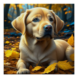Welpenhund spielt im Herbstlaub   Poster