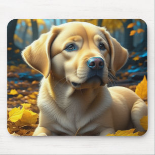 Welpenhund spielt in Herbstlaub   Mousepad
