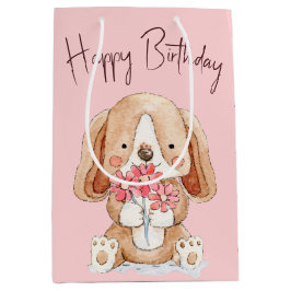 Welpenhund zum Geburtstag mit Blume Mittlere Geschenktüte
