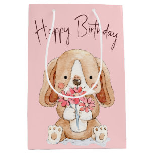 Welpenhund zum Geburtstag mit Blume Mittlere Geschenktüte