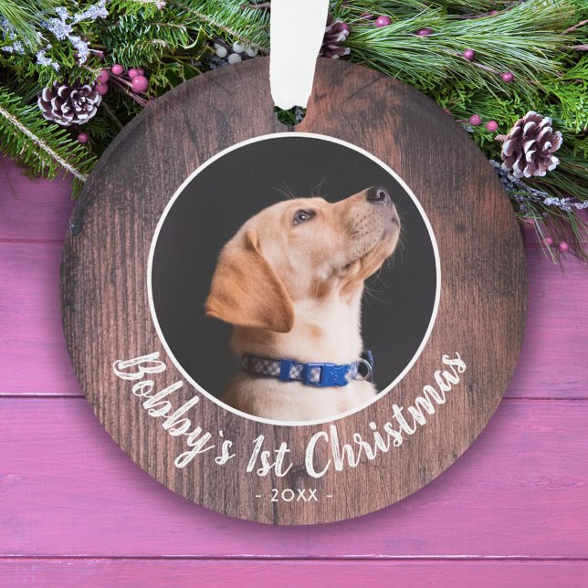 Welpen's 1. Weihnachtshund Foto Pink Wood Ornament (Von Creator hochgeladen)