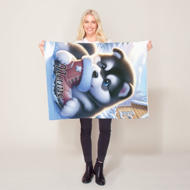 Welpenspiel mit schneebedecktem Winterboot Fleecedecke (Beispiel)