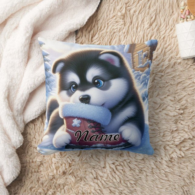 Welpenspiel mit schneebedecktem Winterboot Kissen (Decke)