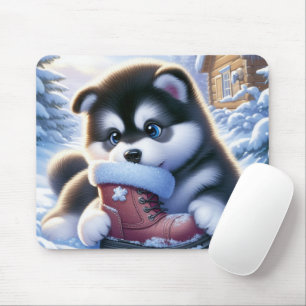 Welpenspiel mit schneebedecktem Winterboot Mousepad