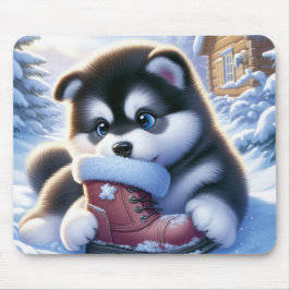 Welpenspiel mit schneebedecktem Winterboot Mousepad