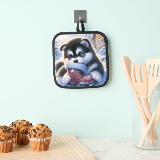 Welpenspiel mit schneebedecktem Winterboot Topflappen (Insitu (Hängend))