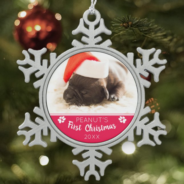 Welpe's erste Weihnachts Custom Foto Dog Name Jahr Schneeflocken Zinn-Ornament (Von Creator hochgeladen)