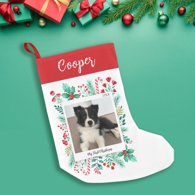 Welpe's First Christmas Foto und Name Kleiner Weihnachtsstrumpf (Puppy's First Christmas Photo and Name Small Christmas Stocking)