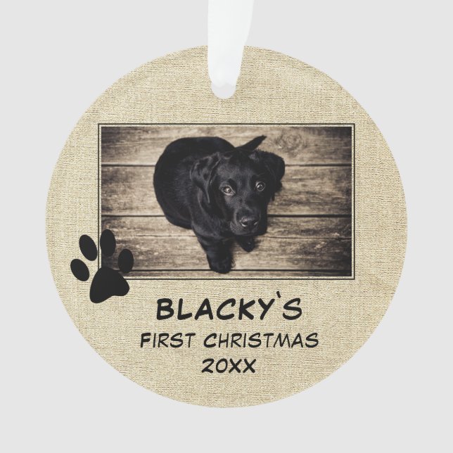 Welpe's First Christmas Rustic Dog Foto Ornament (Vorderseite)