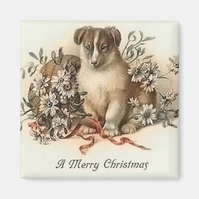 Welpe's frohe Weihnachten Vintage Magnet (Vorne)