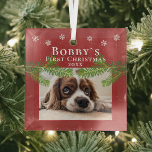 Welppy's 1. Christmas Red Pine Snowflakes Foto Ornament Aus Glas