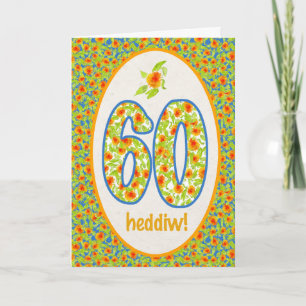 Welsh 60. Geburtstagskarte, Orange Pot Marigolds Karte