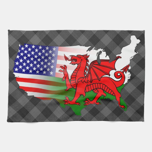Welsh American Flags Map Teetuch Küchentuch (Horizontal)