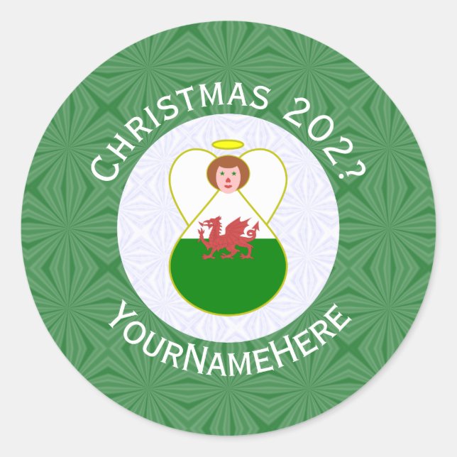 Welsh Angel Christmas Flag Personalisiert Runder Aufkleber (Vorderseite)