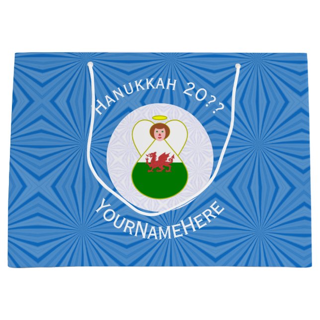 Welsh Angel Hanukkah Flag Personalized  Große Geschenktüte (Vorderseite)