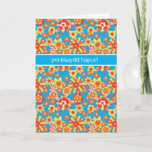 Welsh Birthday Card, Ditsy Orange Flowers Karte
