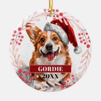 Welsh Corgi Hund in Santa Hut Weihnachtsbaumanhäng Keramik Ornament