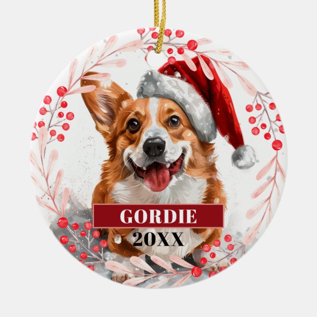 Welsh Corgi Hund in Weihnachtsmannmütze Weihnachts Keramik Ornament (Vorne)