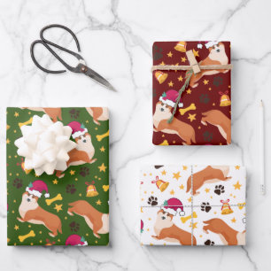Welsh Corgi Hund mit Weihnachtsmannmütze Weihnach Geschenkpapier Set
