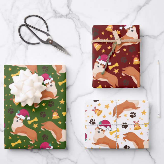 Welsh Corgi Hund mit Weihnachtsmannmütze Weihnacht Geschenkpapier Set (Vorderseite)