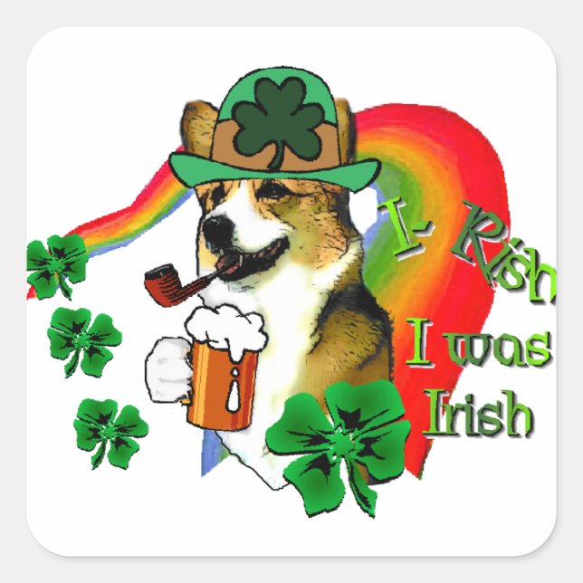 Welsh Corgi St Patricks Day Quadratischer Aufkleber (Vorderseite)