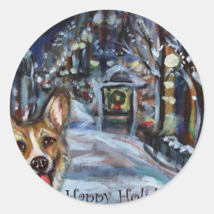 Welsh Corgi Xmas Wintry-Szene Runder Aufkleber