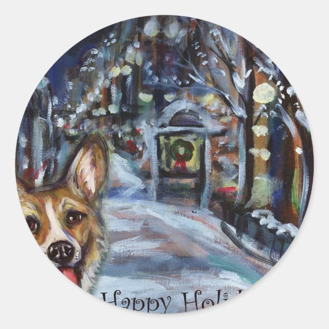 Welsh Corgi Xmas Wintry-Szene Runder Aufkleber (Vorderseite)