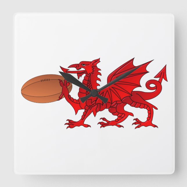 Welsh Drache mit Rugby Ball Clock Quadratische Wanduhr (Vorderseite)
