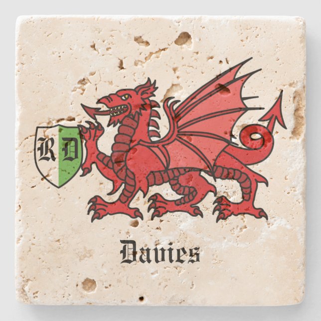 Welsh Dragon Individuelle Name und Monogram Steinuntersetzer (Vorderseite)