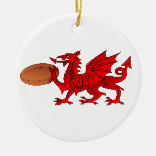 Welsh Dragon mit Rugby Ball Keramik Ornament