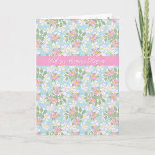 Welsh Mother Day Card, Pink Dogroses on Blue Karte