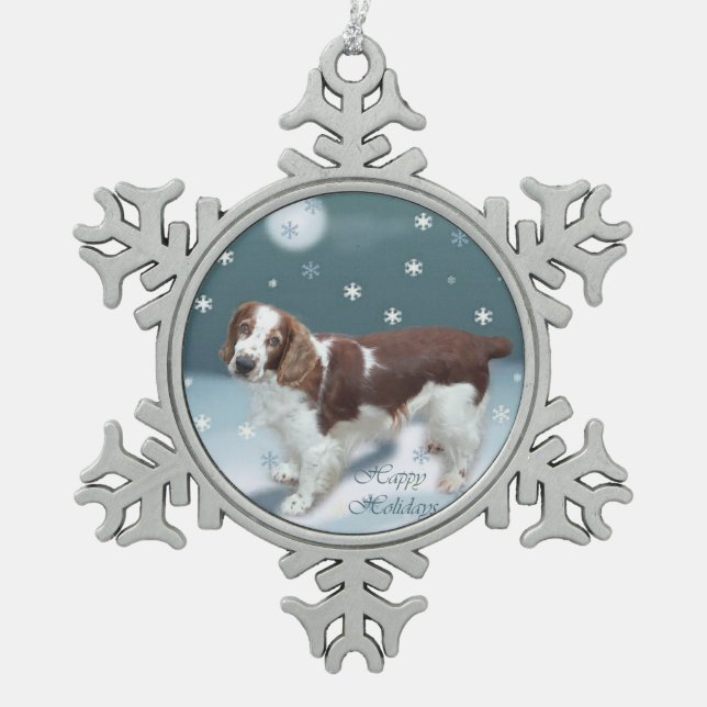 Welsh Springer Spaniel Weihnachten Schneeflocken Zinn-Ornament (Vorderseite)