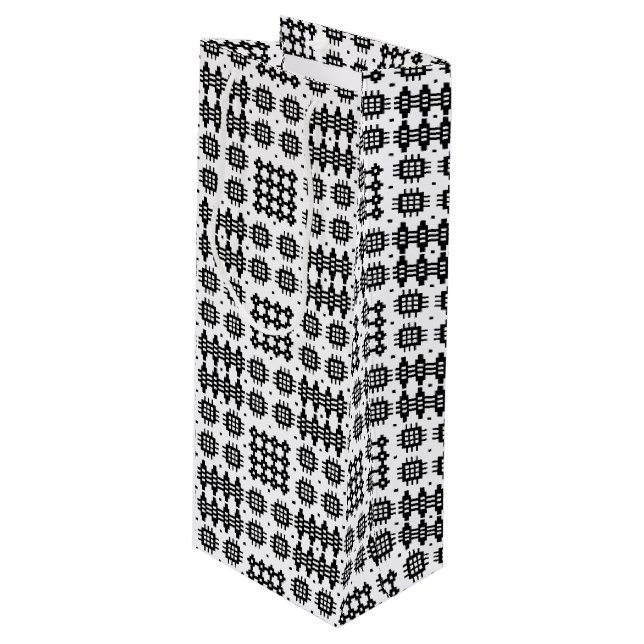 Welsh Tapestmuster Schwarz-weiß Wine Gift Bag Geschenktüte Für Weinflaschen (Vorderseite Schrägansicht)