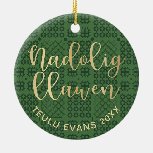 Welsh Tapestry Blanket Pattern, Carthen Nadolig Keramik Ornament (Hinten)