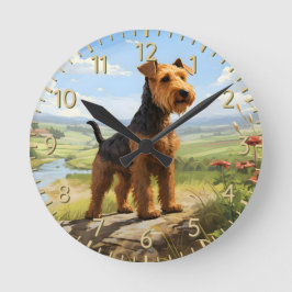 Welsh Terrier auf Ausblick Runde Wanduhr