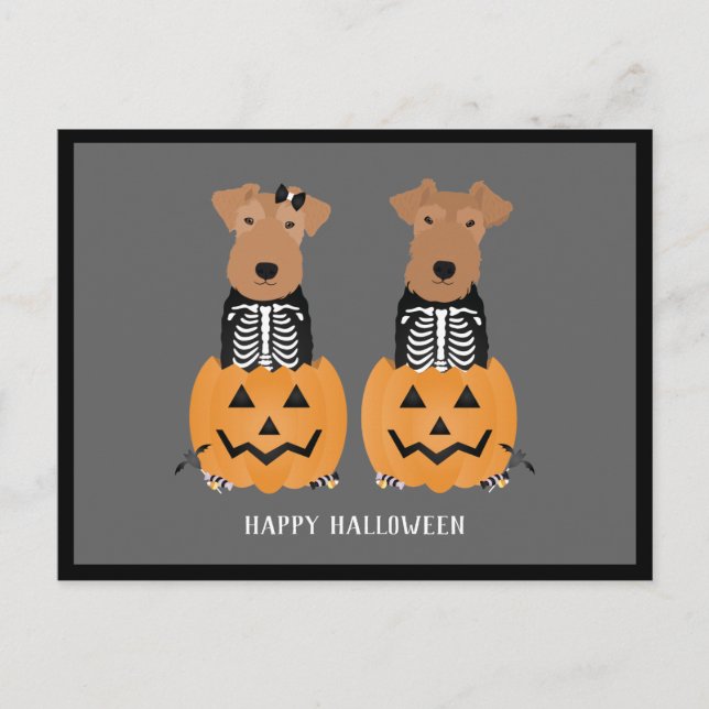 Welsh Terrier Halloween Skeleton Feiertagspostkarte (Vorderseite)
