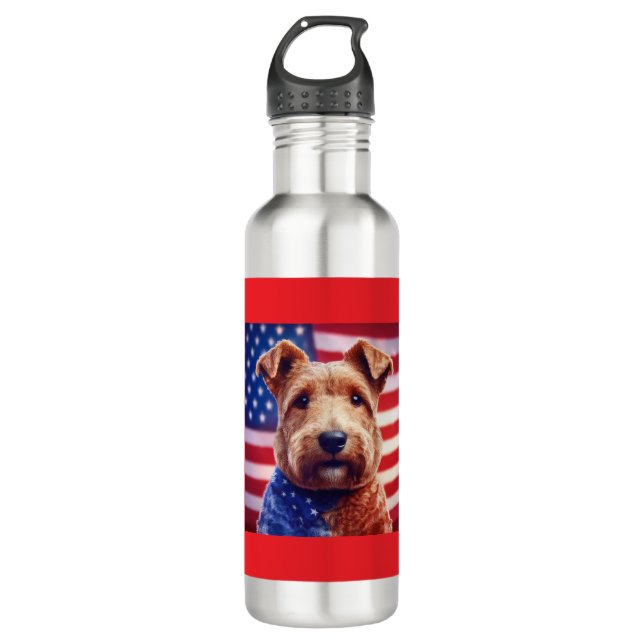 Welsh Terrier mit amerikanischer Flagge und Bandan Edelstahlflasche (Vorderseite)