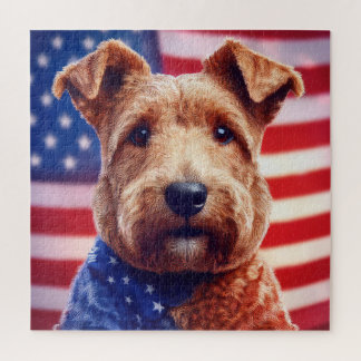 Welsh Terrier mit amerikanischer Flagge und Bandan Puzzle